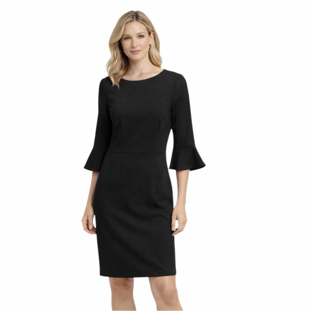 Donna Morgan Black Bell Sleeve Sheath Dress Size 6 Classic Elegant Career Dress